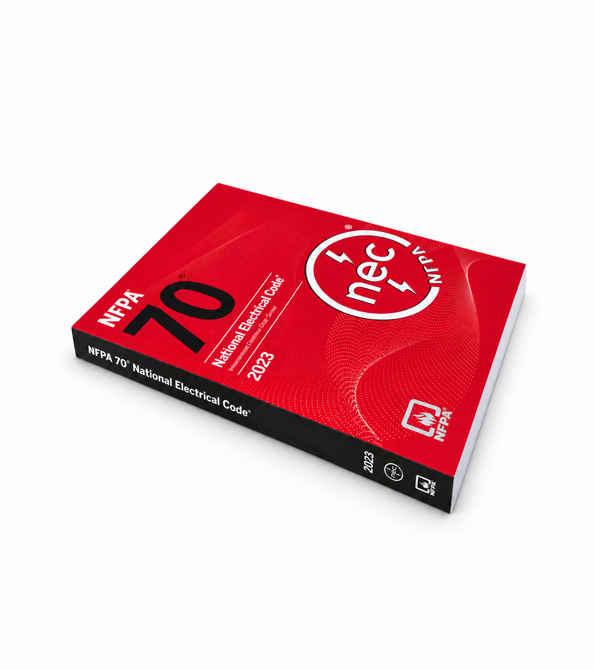 2023 NFPA 70 National Electrical Code (NEC) softbound book, cleaned front cover and black spine on a white portrait background.