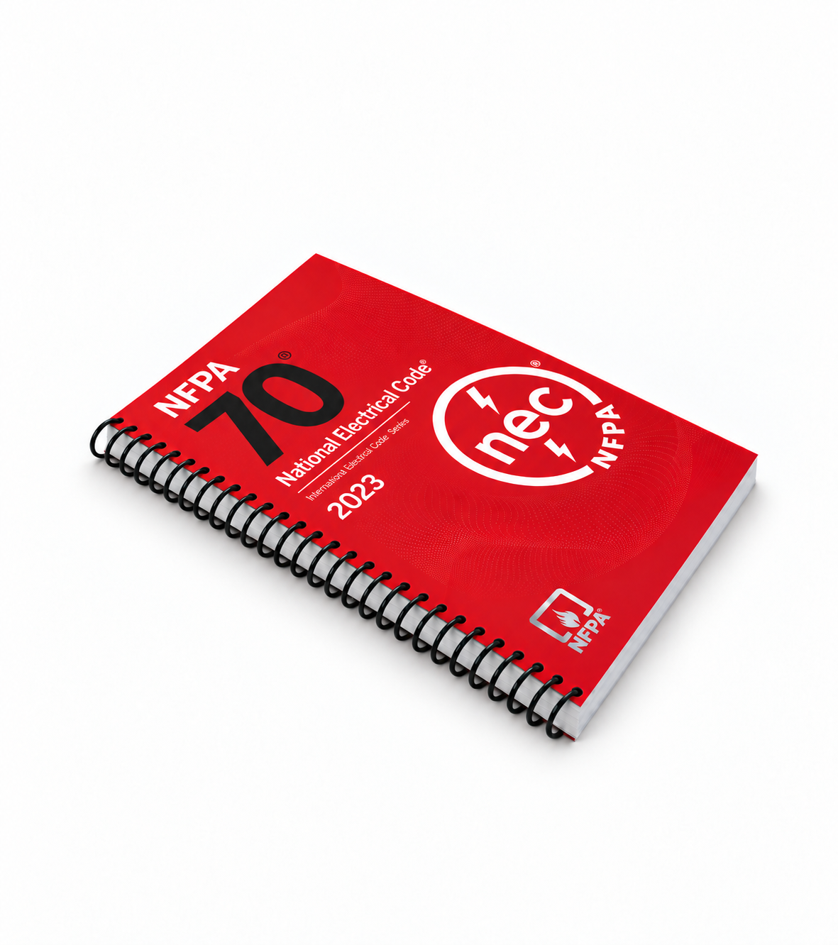 2023 NFPA 70 National Electrical Code (NEC) spiral-bound book — angled front cover, slim black spiral and metallic silver NFPA mark on white with matched catalog spacing.
