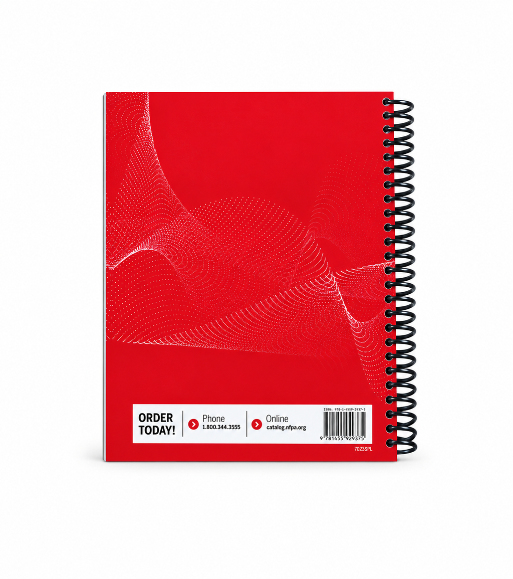 2023 NFPA 70 National Electrical Code (NEC) spiral-bound book — back cover with black plastic spiral, centered on white with matched catalog spacing.