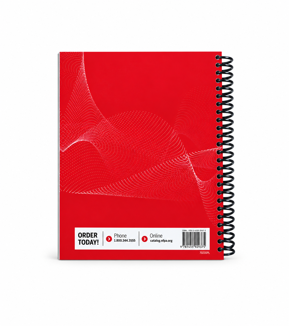 2023 NFPA 70 National Electrical Code (NEC) spiral-bound book — back cover with black plastic spiral, centered on white with matched catalog spacing.