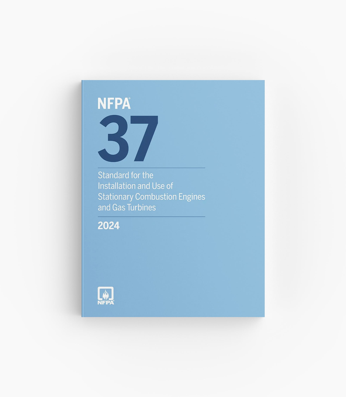 Product photo of 2024 NFPA 37 Standard for the Installation and Use of Stationary Combustion Engines and Gas Turbines, lying flat with the front cover visible.