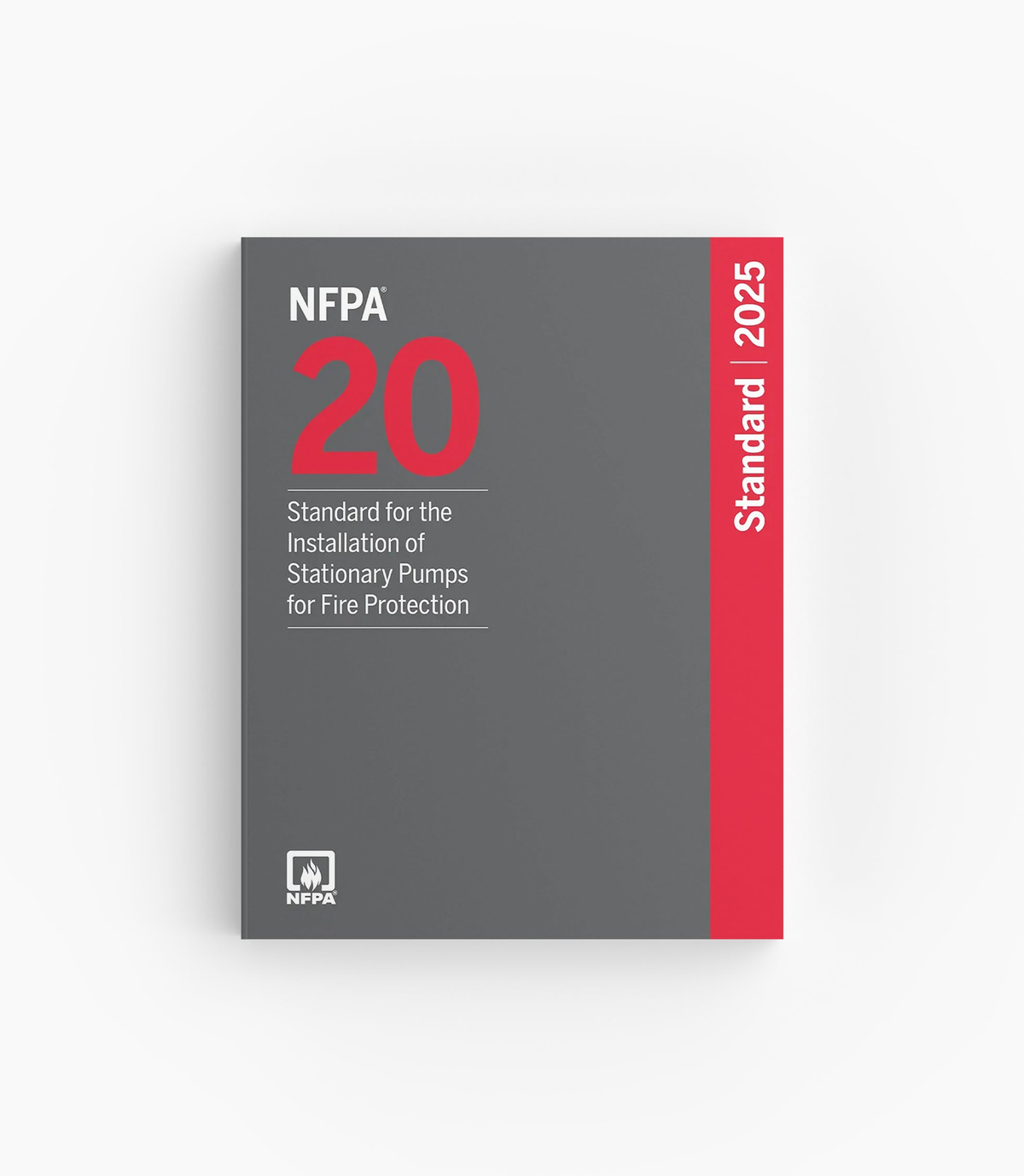 Product photo of 2025 NFPA 20 Standard for the Installation of Stationary Pumps for Fire Protection, lying flat with the front cover visible.
