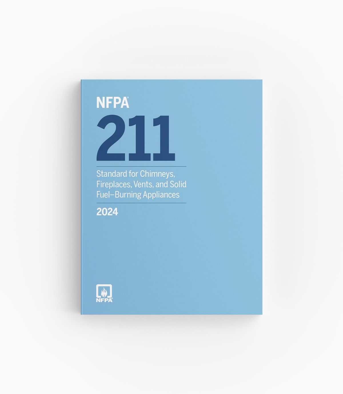 Product photo of 2024 NFPA 211 Standard for Chimneys, Fireplaces, Vents, and Solid Fuel-Burning Appliances, lying flat with the front cover visible.