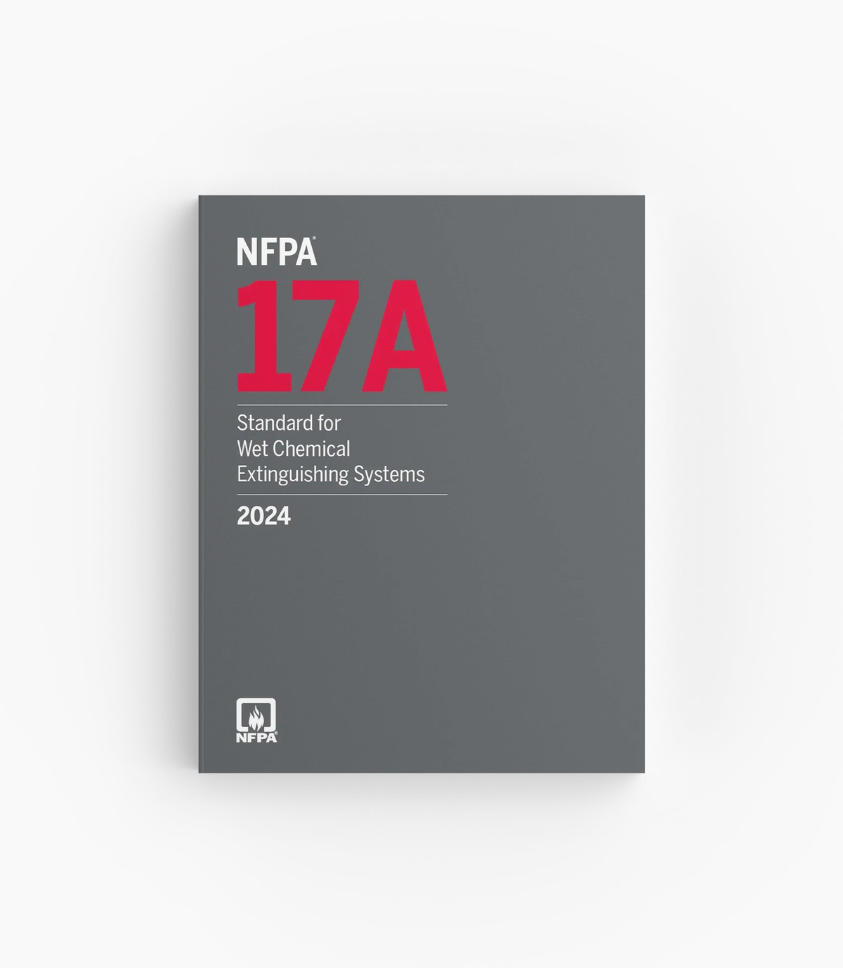 Product photo of 2024 NFPA 17A Standard for Wet Chemical Extinguishing Systems, lying flat with the front cover visible.