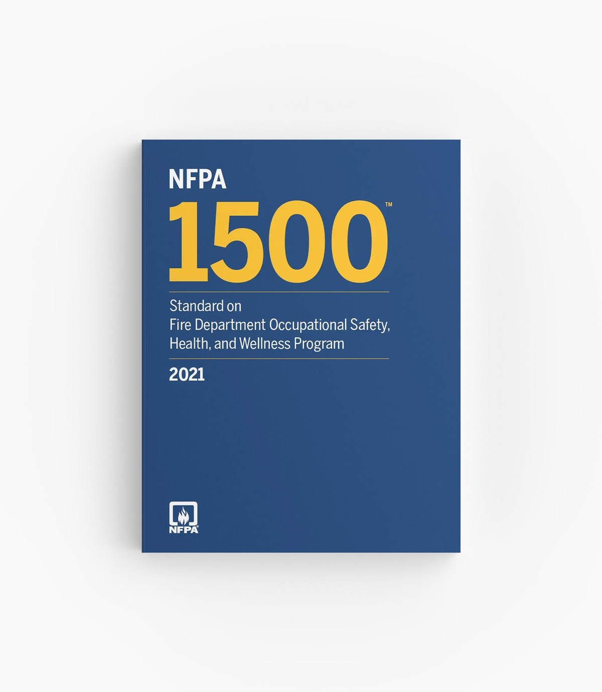 Product photo of 2021 NFPA 1500 Standard on Fire Department Occupational Safety, Health, and Wellness Program, lying flat with the front cover visible.