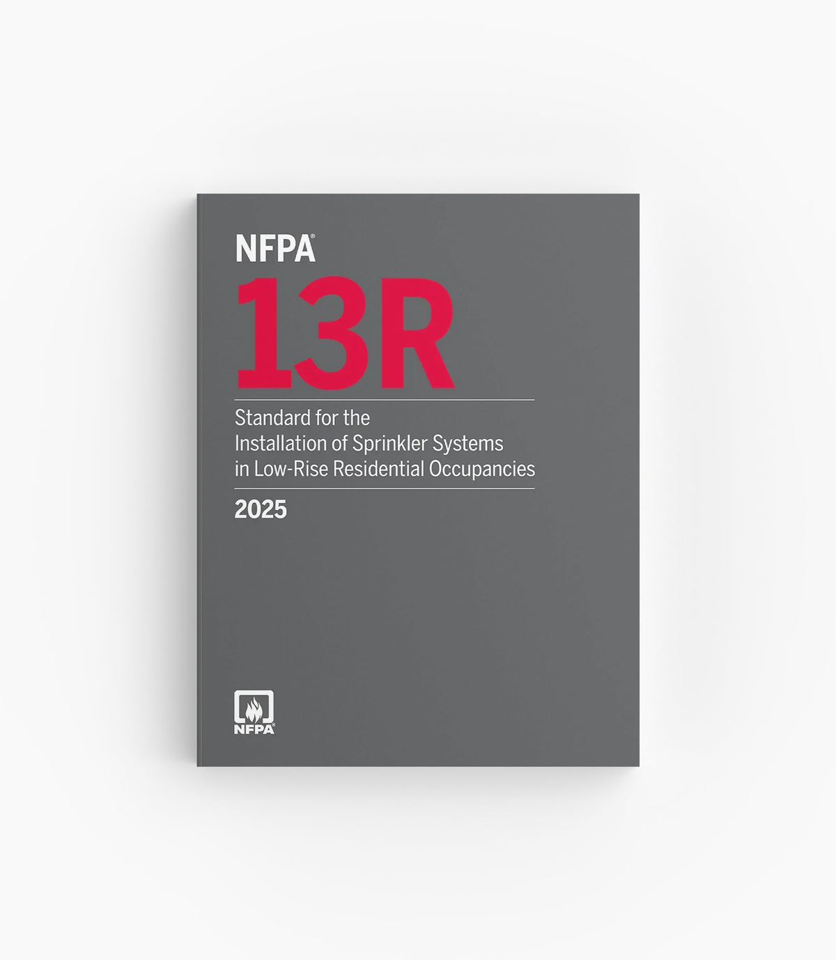 Product photo of 2025 NFPA 13R Standard for the Installation of Sprinkler Systems in Low-Rise Residential Occupancies, lying flat with the front cover visible.