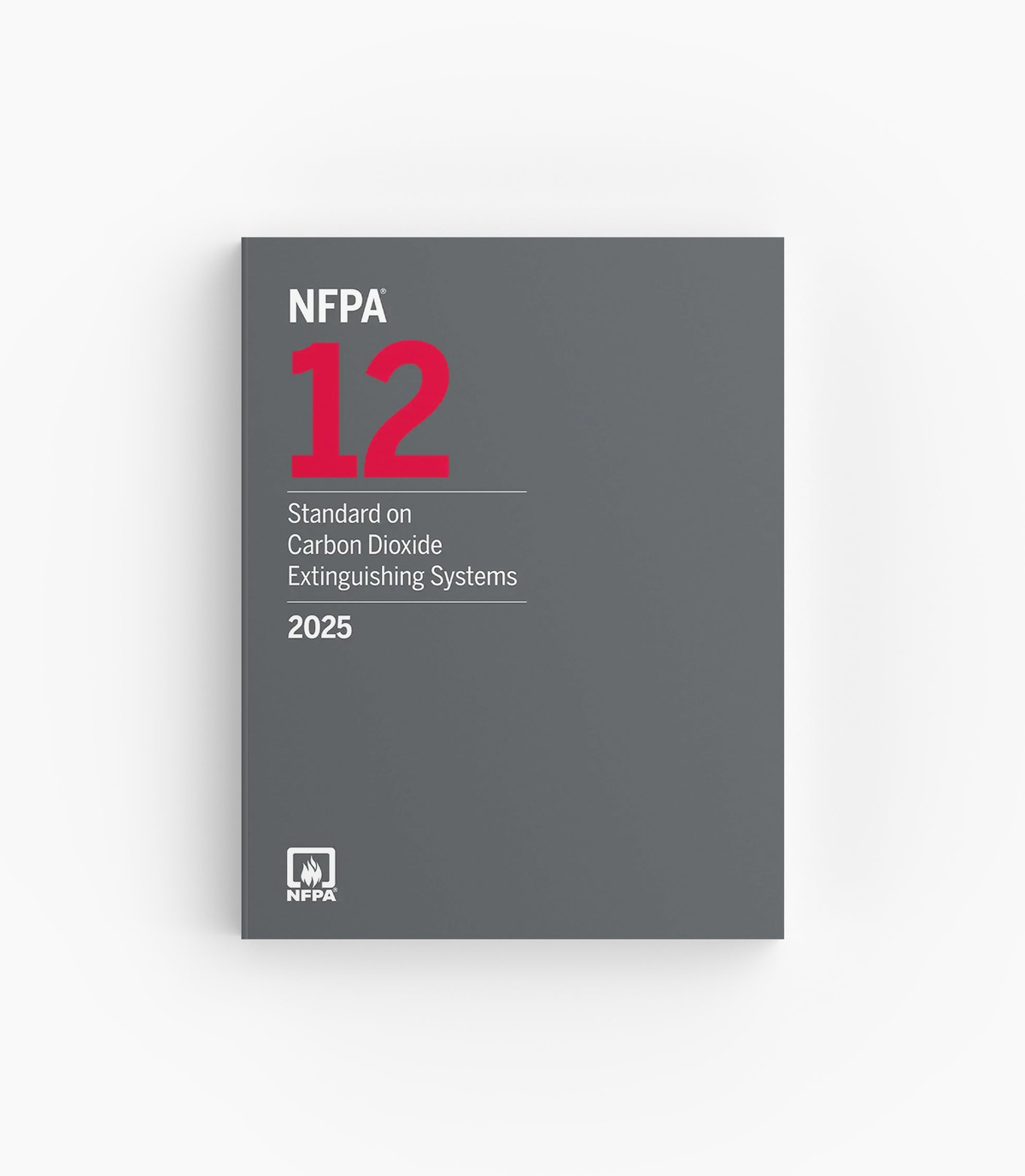 Product photo of 2025 NFPA 12 Standard on Carbon Dioxide Extinguishing Systems, lying flat with the front cover visible.
