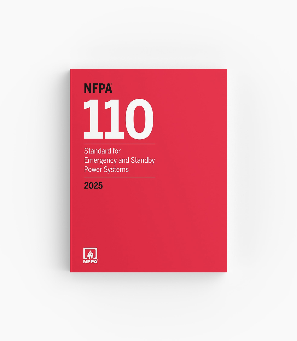 Product photo of 2025 NFPA 110 Standard for Emergency and Standby Power Systems, lying flat with the front cover visible.