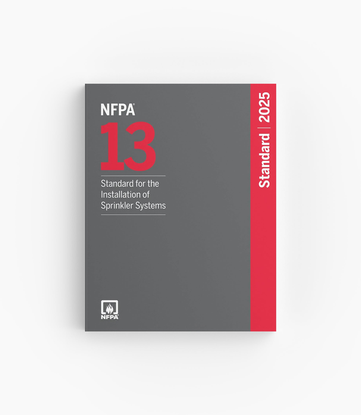 Product photo of 2025 NFPA 13 Standard for the Installation of Sprinkler Systems, lying flat with the front cover visible.