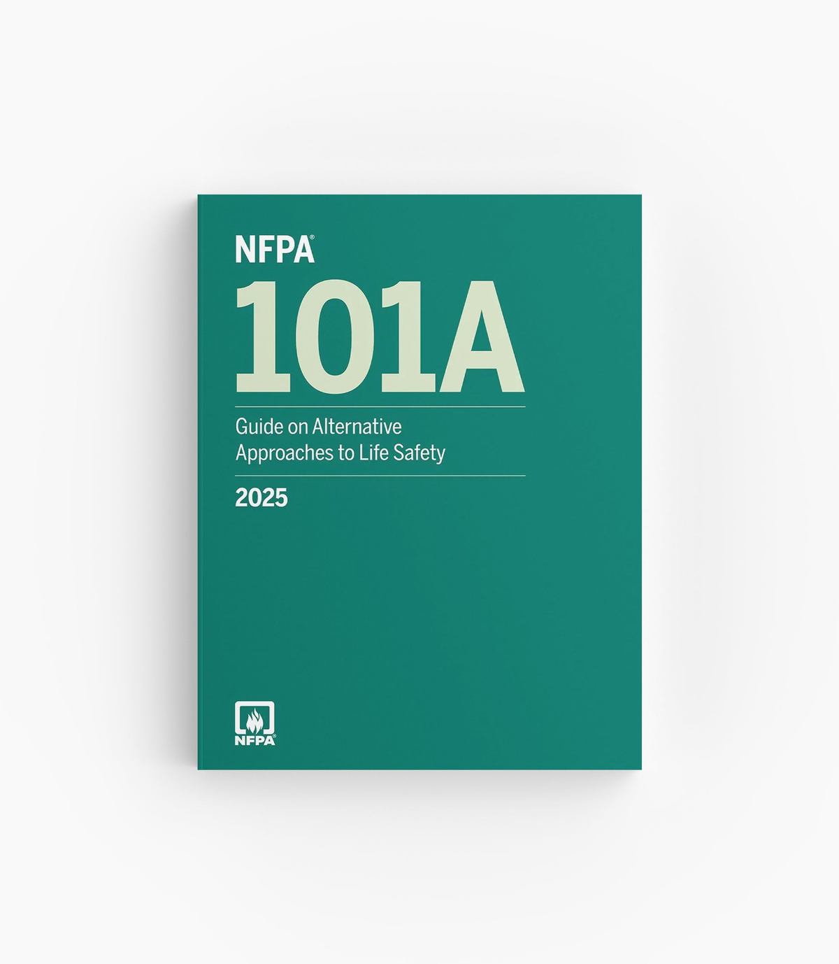 Product photo of 2025 NFPA 101A Guide on Alternative Approaches to Life Safety, lying flat with the front cover visible.