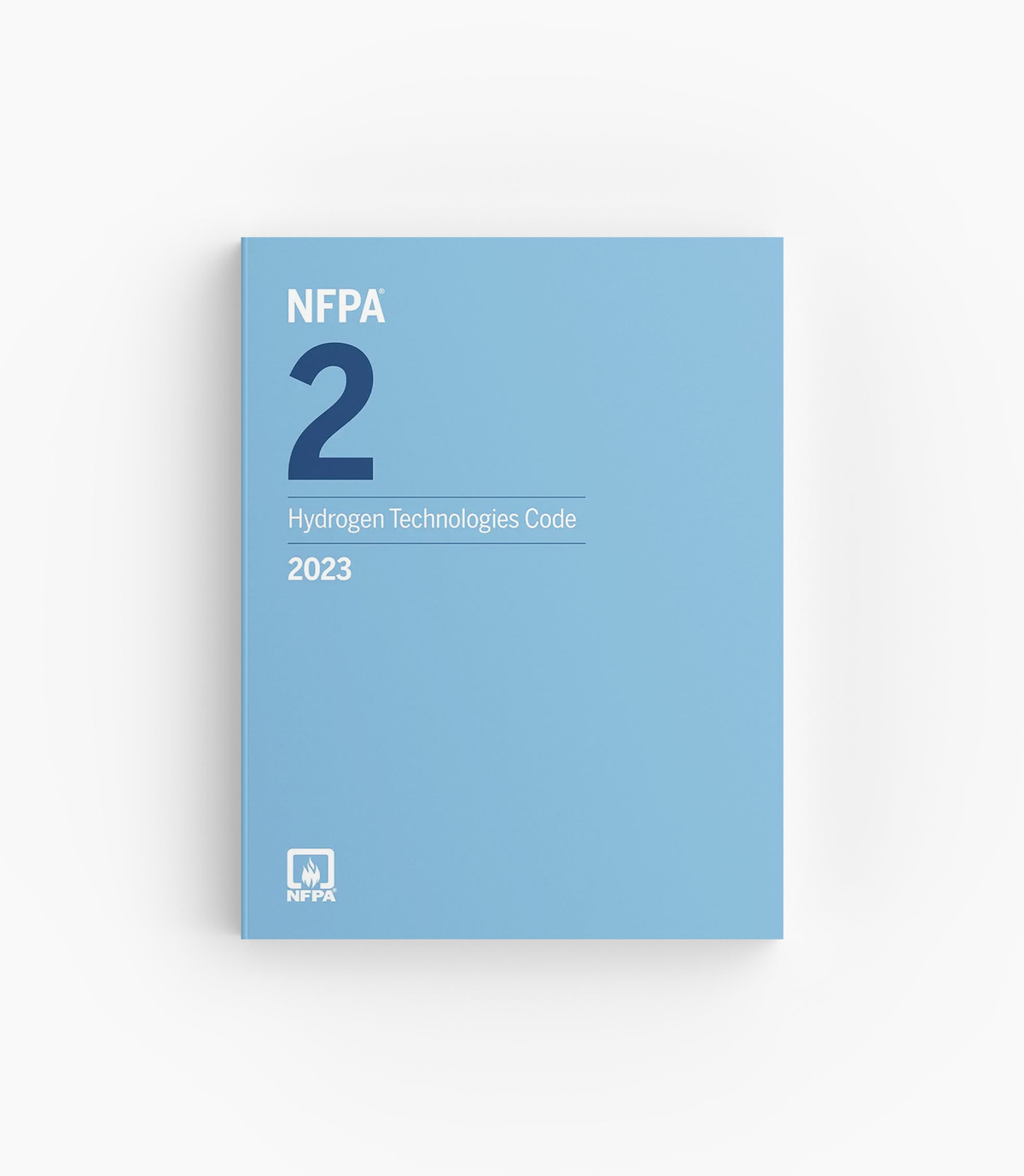 Product photo of 2023 NFPA 2 Hydrogen Technologies Code, lying flat with the front cover visible.