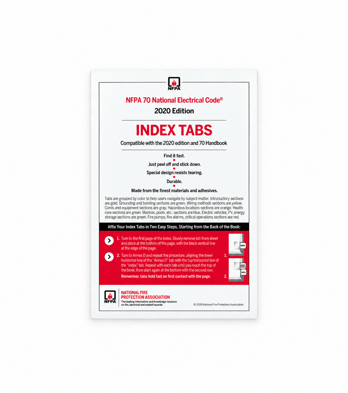 NFPA 70 National Electrical Code 2020 Edition Index Tabs packaging with text and NFPA logo.
