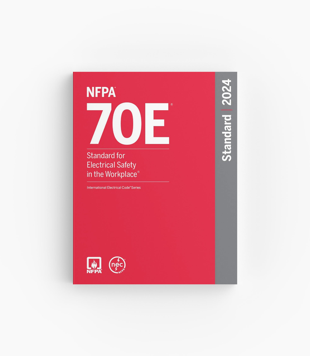 Product photo of 2024 NFPA 70E Standard for Electrical Safety in the Workplace, lying flat with the front cover visible.