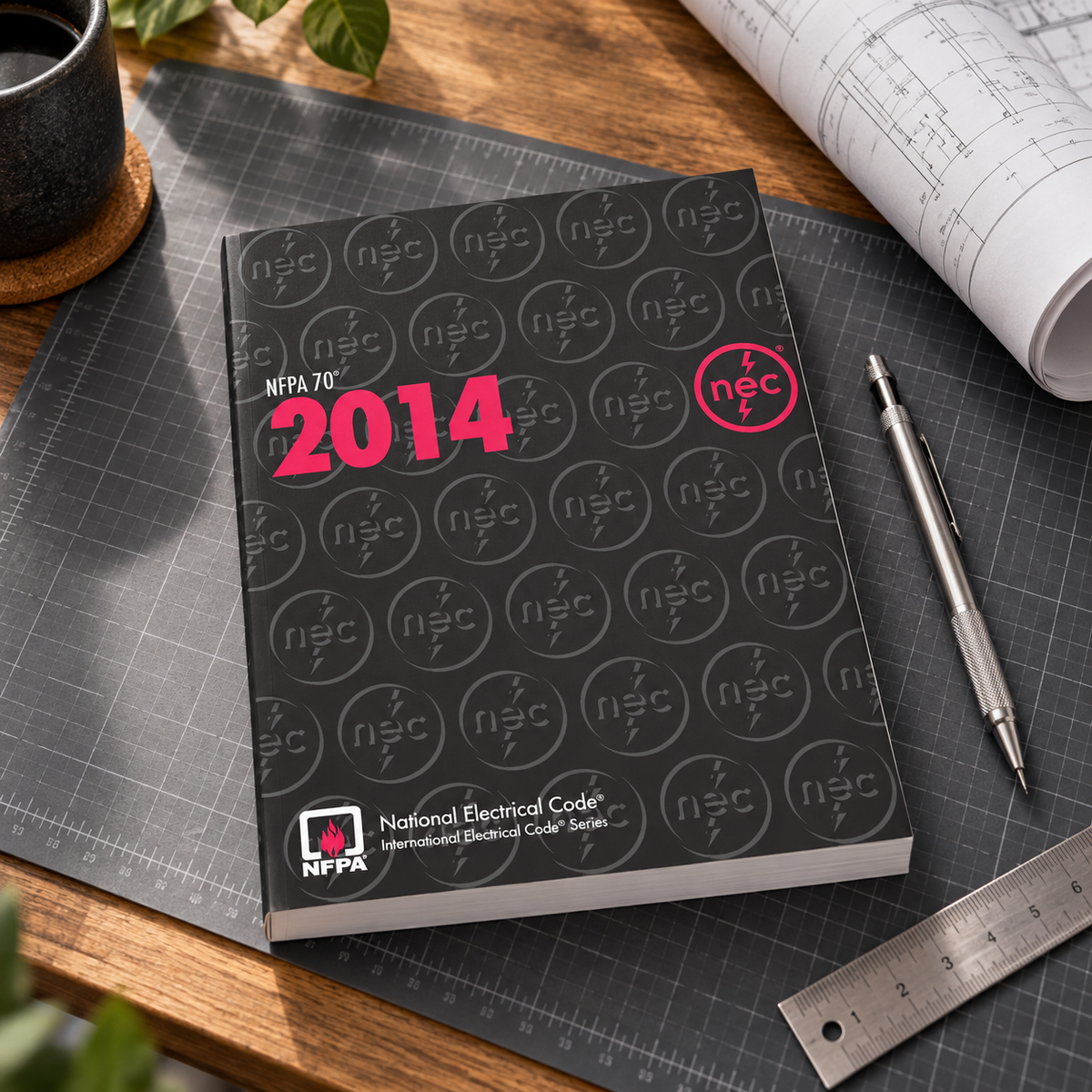 2014 NFPA 70 softbound book on a drafting desk