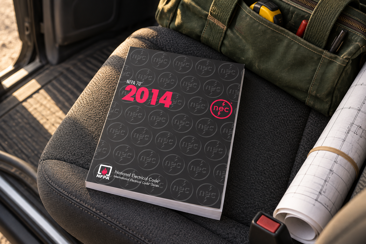 2014 NFPA 70 softbound book on the passenger seat of a pickup truck