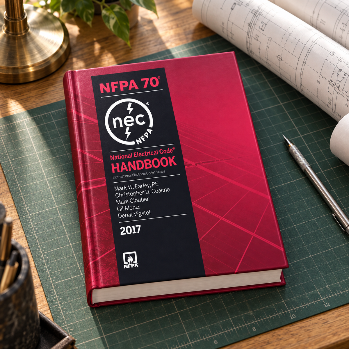 2017 NFPA 70 hardcover handbook on a drafting desk