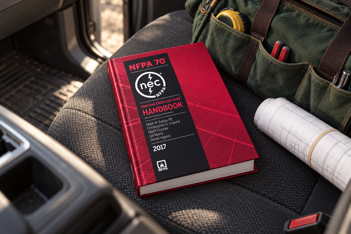 2017 NFPA 70 hardcover handbook on the passenger seat of a pickup truck