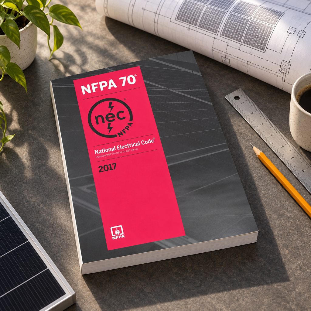 2017 NFPA 70 softbound book on a drafting desk