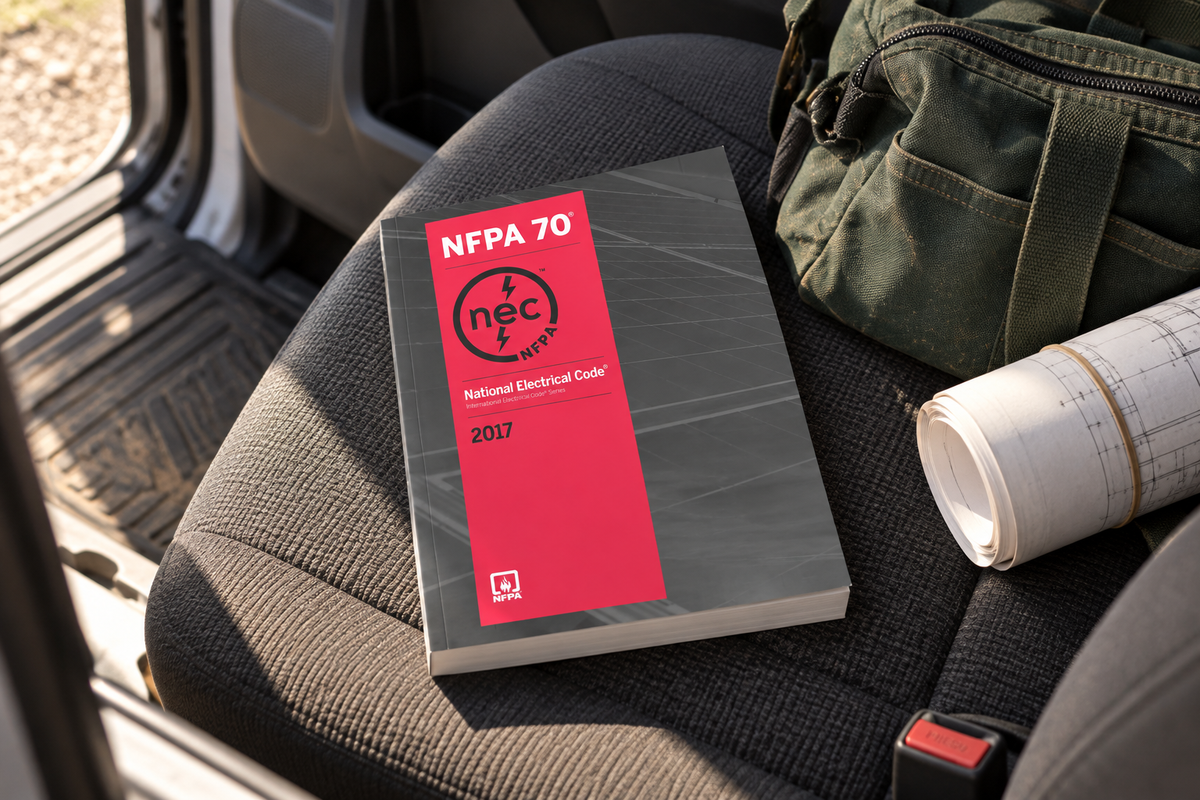 2017 NFPA 70 softbound book on the passenger seat of a pickup truck