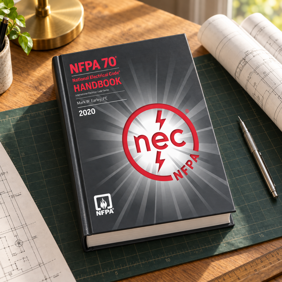2020 NFPA 70 hardcover handbook on a drafting desk