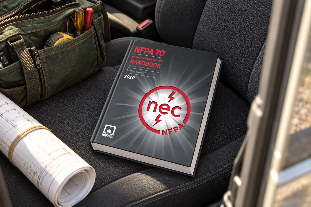 2020 NFPA 70 hardcover handbook on the passenger seat of a pickup truck