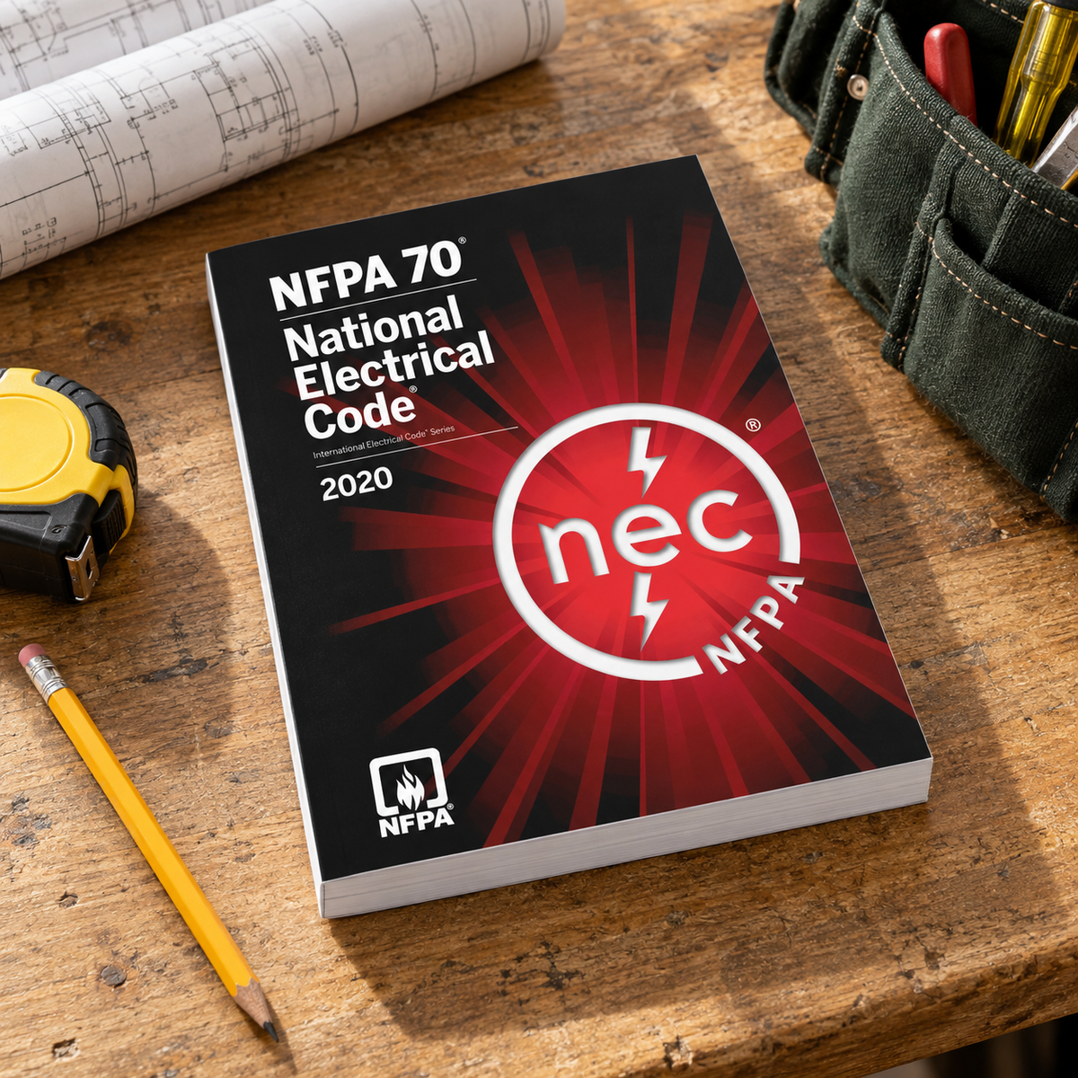 2020 NFPA 70 softbound book on a drafting desk
