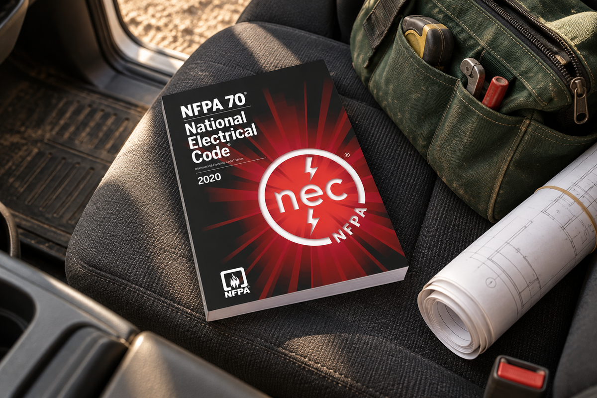 2020 NFPA 70 softbound book on the passenger seat of a pickup truck