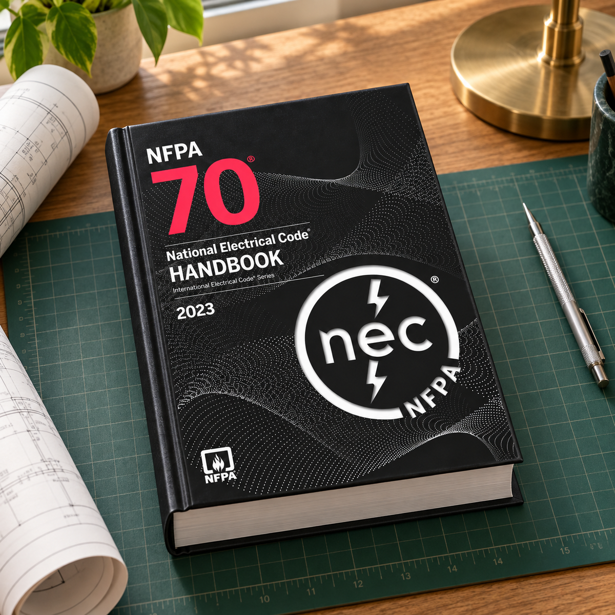 2023 NFPA 70 hardcover handbook on a drafting desk