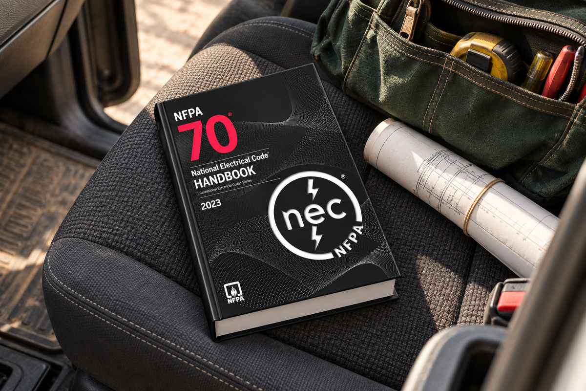 2023 NFPA 70 hardcover handbook on the passenger seat of a pickup truck