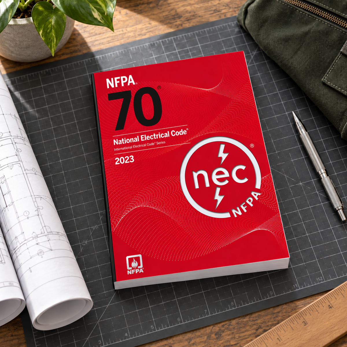 2023 NFPA 70 National Electrical Code (NEC) softcover on a drafting desk, rich red cover, silver NFPA logo, and black binding.
