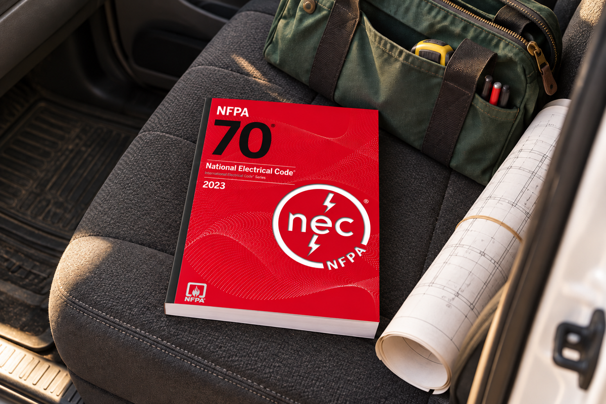 2023 NFPA 70 National Electrical Code (NEC) softcover on a pickup truck passenger seat, rich red cover, silver NFPA logo, and black binding.
