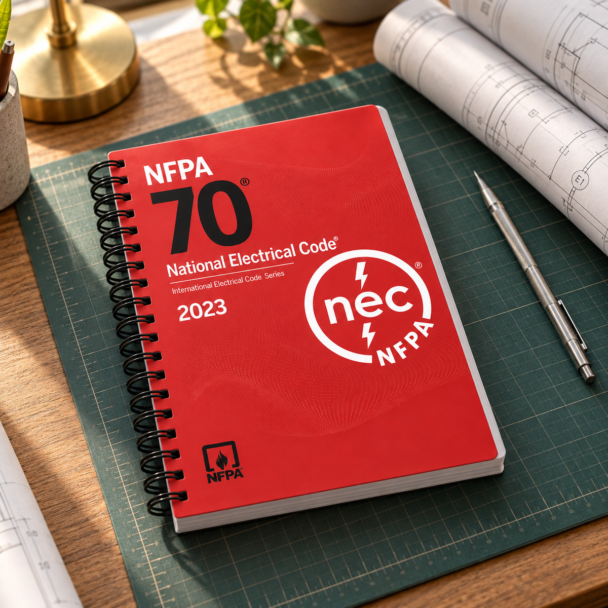 2023 NFPA 70 spiral-bound book on a drafting desk