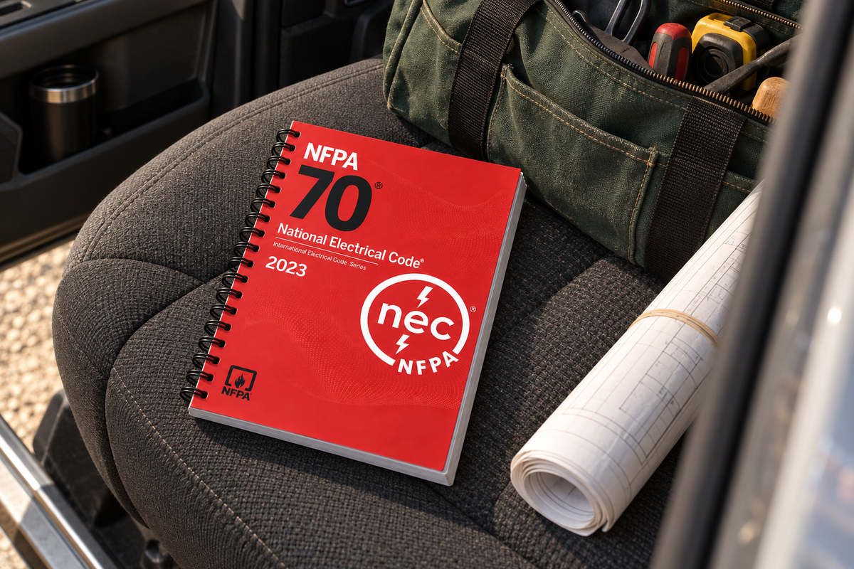 2023 NFPA 70 spiral-bound book on the passenger seat of a pickup truck