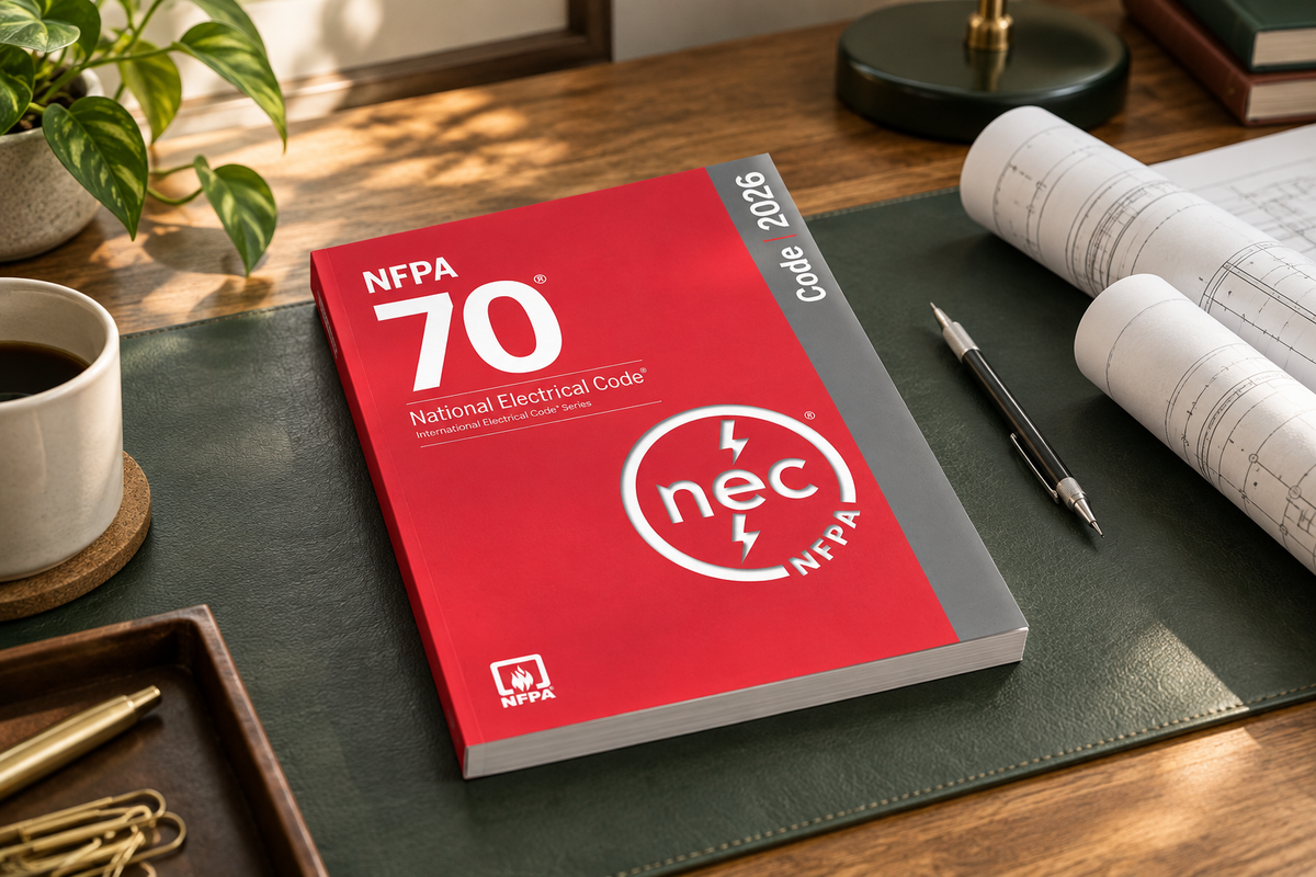 Illustrative lifestyle image of the 2026 NFPA 70 National Electrical Code softcover on a drafting desk beside plans.