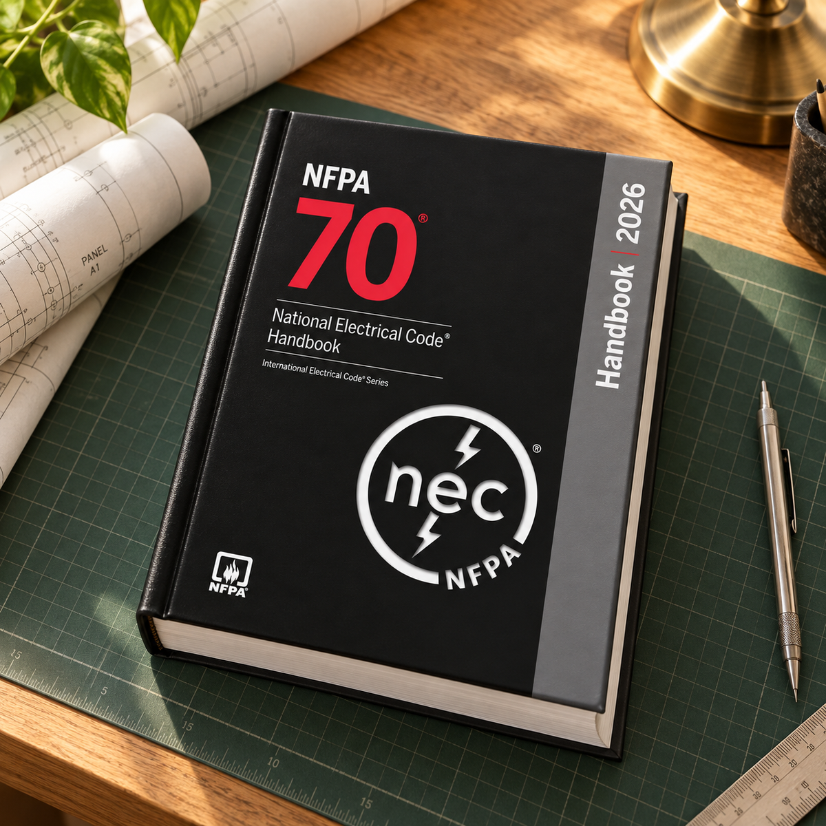 2026 NFPA 70 hardcover handbook on a drafting desk