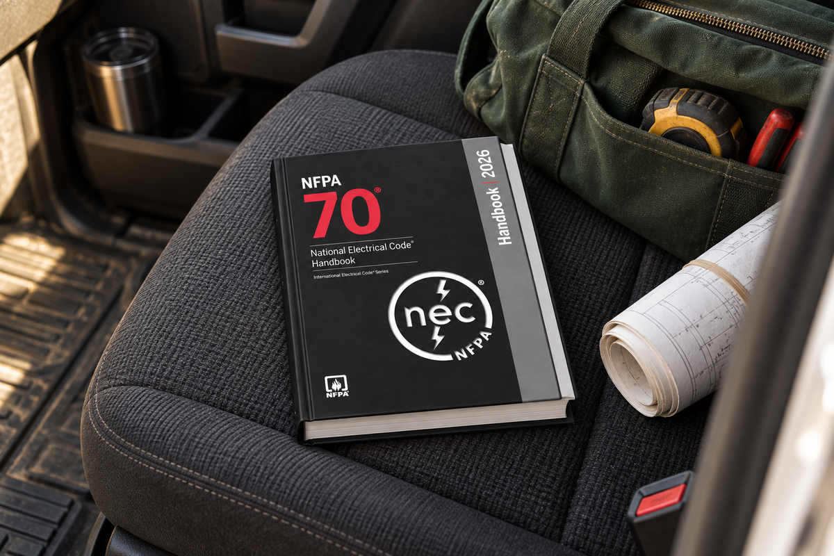 2026 NFPA 70 hardcover handbook on the passenger seat of a pickup truck