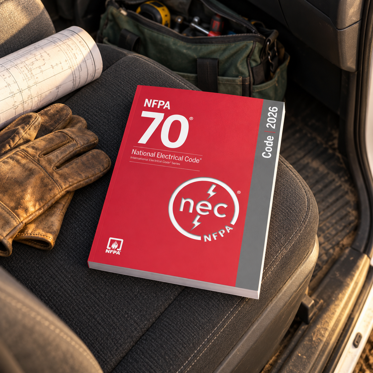 Illustrative lifestyle image of the 2026 NFPA 70 National Electrical Code softcover on a pickup truck passenger seat.