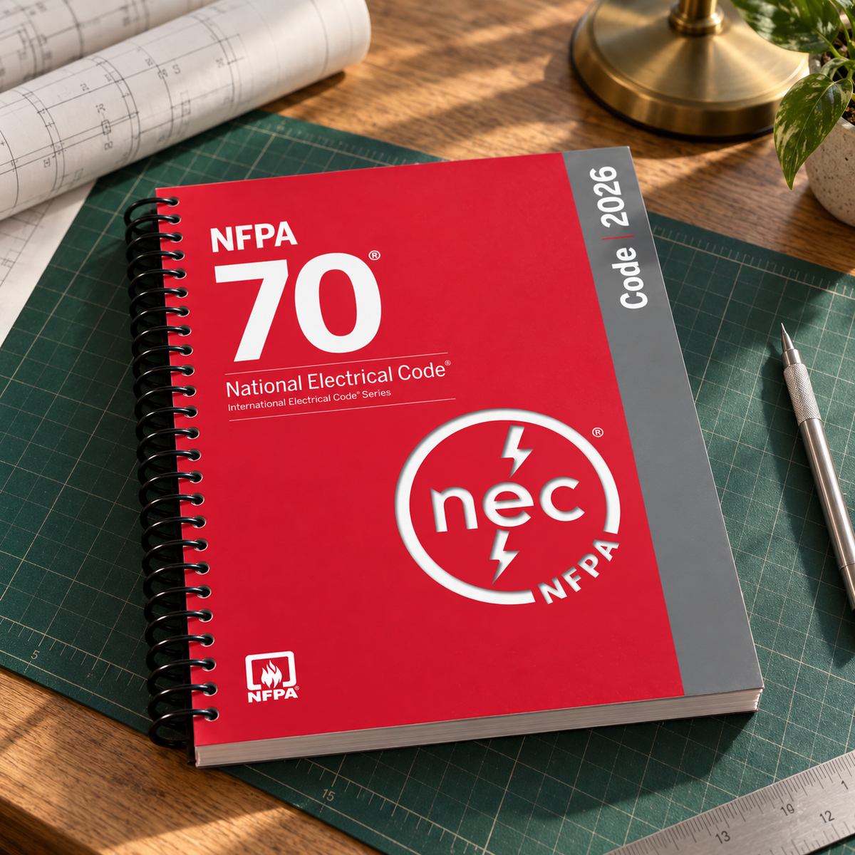 2026 NFPA 70 spiral-bound book on a drafting desk