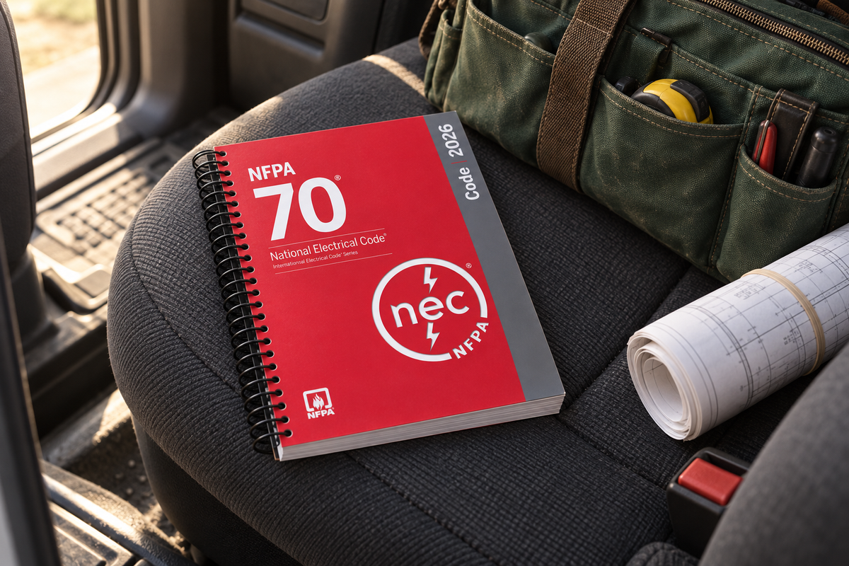 2026 NFPA 70 spiral-bound book on the passenger seat of a pickup truck