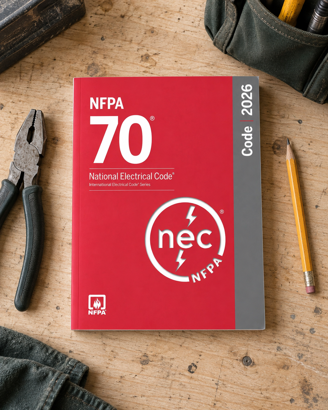 Illustrative lifestyle image of the 2026 NFPA 70 National Electrical Code softcover on an electrician's workbench.